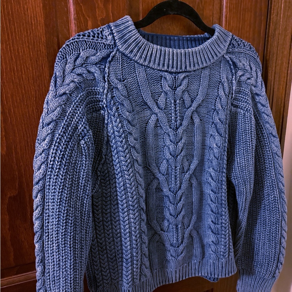 FREE PEOPLE Frankie Cable Knit Jumper Sweater Blue Quartz NWOT Size M - Picture 2 of 4